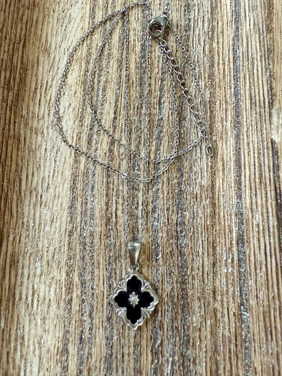 Jewelry - Silver Necklace with Black Clover Pendant - NEW